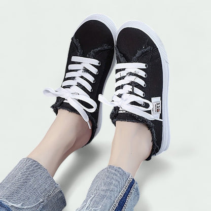 Backless Canvas Slip-On Trainers with Laces and Frayed Edge (Women)