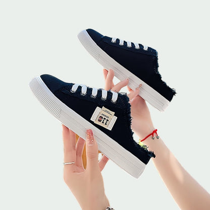 Backless Canvas Slip-On Trainers with Laces and Frayed Edge (Women)
