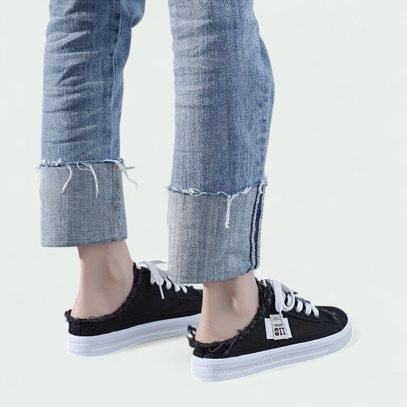 Backless Canvas Slip-On Trainers with Laces and Frayed Edge (Women)