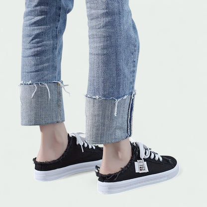 Backless Canvas Slip-On Trainers with Laces and Frayed Edge (Women)