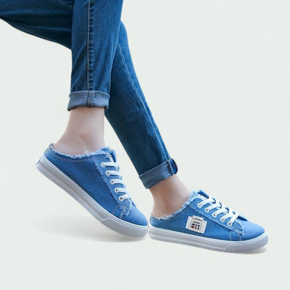 Backless Canvas Slip-On Trainers with Laces and Frayed Edge (Women)