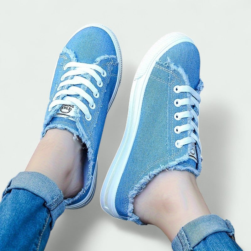 Backless Canvas Slip-On Trainers with Laces and Frayed Edge (Women)