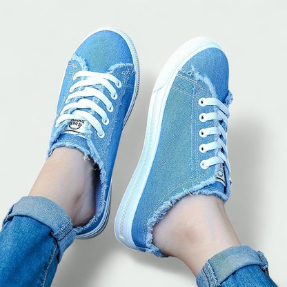 Backless Canvas Slip-On Trainers with Laces and Frayed Edge (Women)