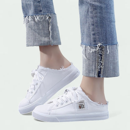 Backless Canvas Slip-On Trainers with Laces and Frayed Edge (Women)