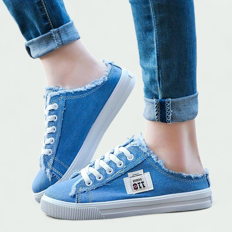Backless Canvas Slip-On Trainers with Laces and Frayed Edge (Women)