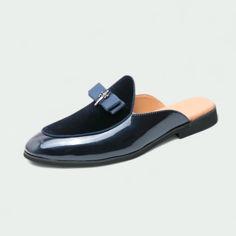 Backless Loafers with Glossy Finish and Bow Detail (Men)