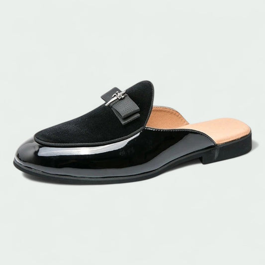 Backless Loafers with Glossy Finish and Bow Detail (Men)