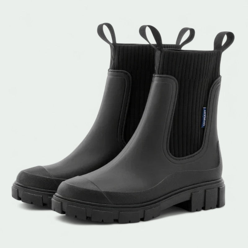 Chunky Ankle Rain Boots with Ribbed Stretch Upper (Women)