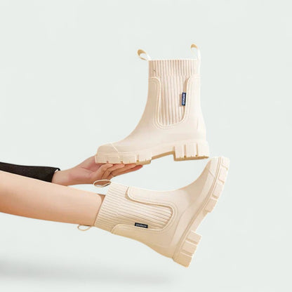 Chunky Ankle Rain Boots with Ribbed Stretch Upper (Women)