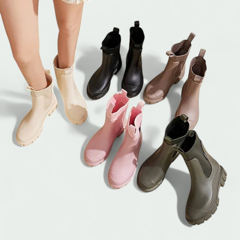 Chunky Ankle Rain Boots with Ribbed Stretch Upper (Women)