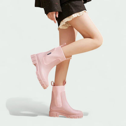 Chunky Ankle Rain Boots with Ribbed Stretch Upper (Women)