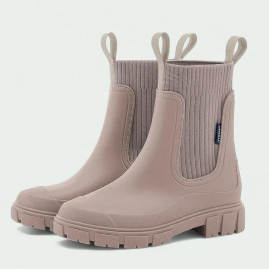 Chunky Ankle Rain Boots with Ribbed Stretch Upper (Women)