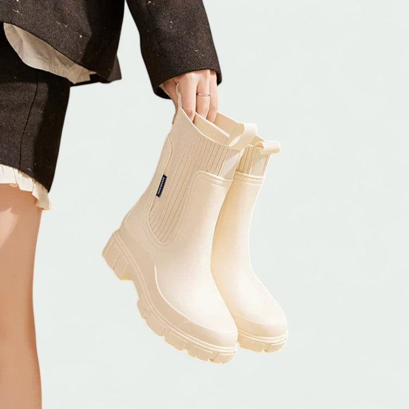 Chunky Ankle Rain Boots with Ribbed Stretch Upper (Women)