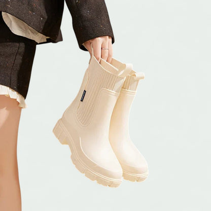Chunky Ankle Rain Boots with Ribbed Stretch Upper (Women)