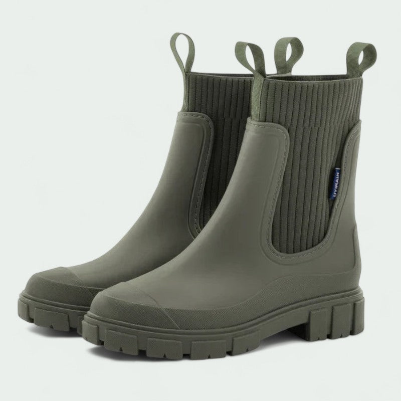 Chunky Ankle Rain Boots with Ribbed Stretch Upper (Women)
