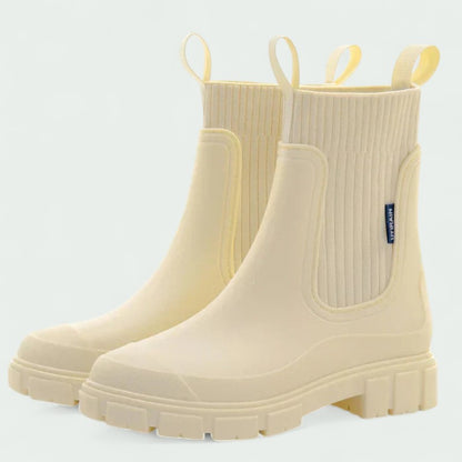 Chunky Ankle Rain Boots with Ribbed Stretch Upper (Women)
