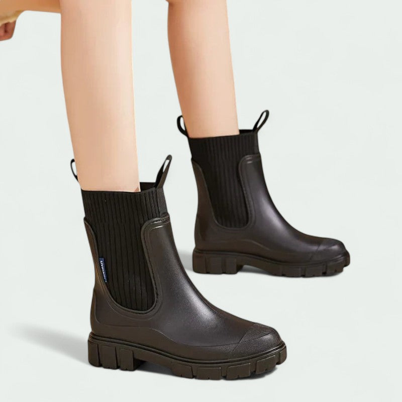 Chunky Ankle Rain Boots with Ribbed Stretch Upper (Women)