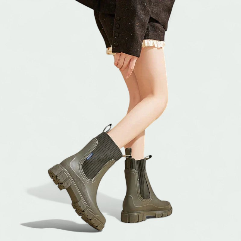 Chunky Ankle Rain Boots with Ribbed Stretch Upper (Women)