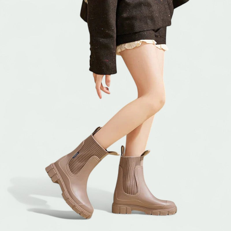 Chunky Ankle Rain Boots with Ribbed Stretch Upper (Women)