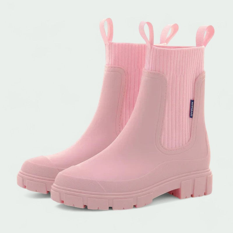 Chunky Ankle Rain Boots with Ribbed Stretch Upper (Women)