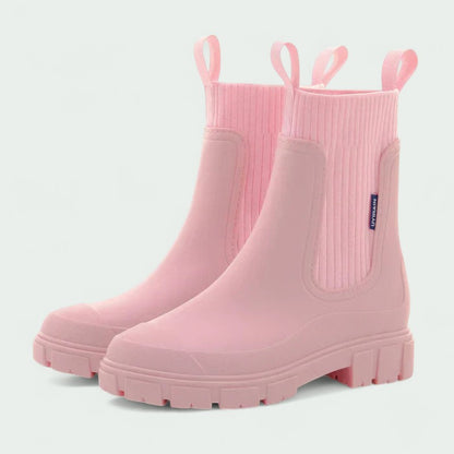 Chunky Ankle Rain Boots with Ribbed Stretch Upper (Women)