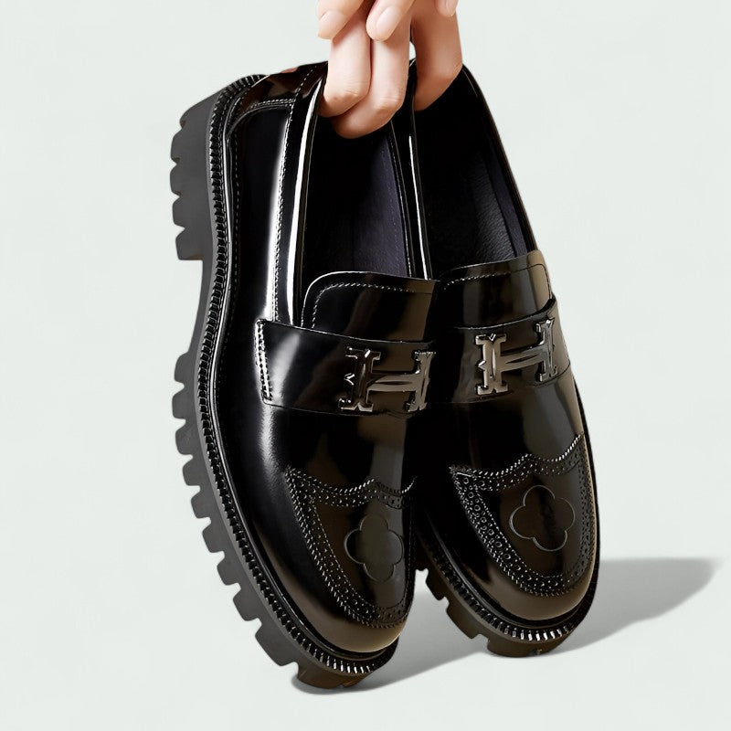 Chunky Brogue Leather Loafers with Decorative Buckle (Men)