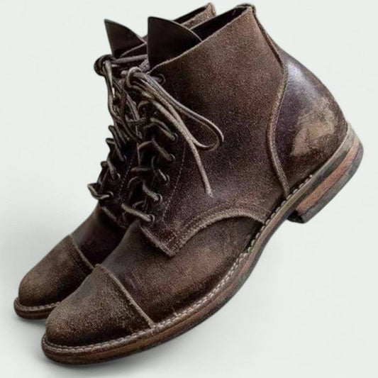 Men's Leather Cap Toe Boots | Vintage Lace-Up Ankle Boot | Durable Rubber Sole